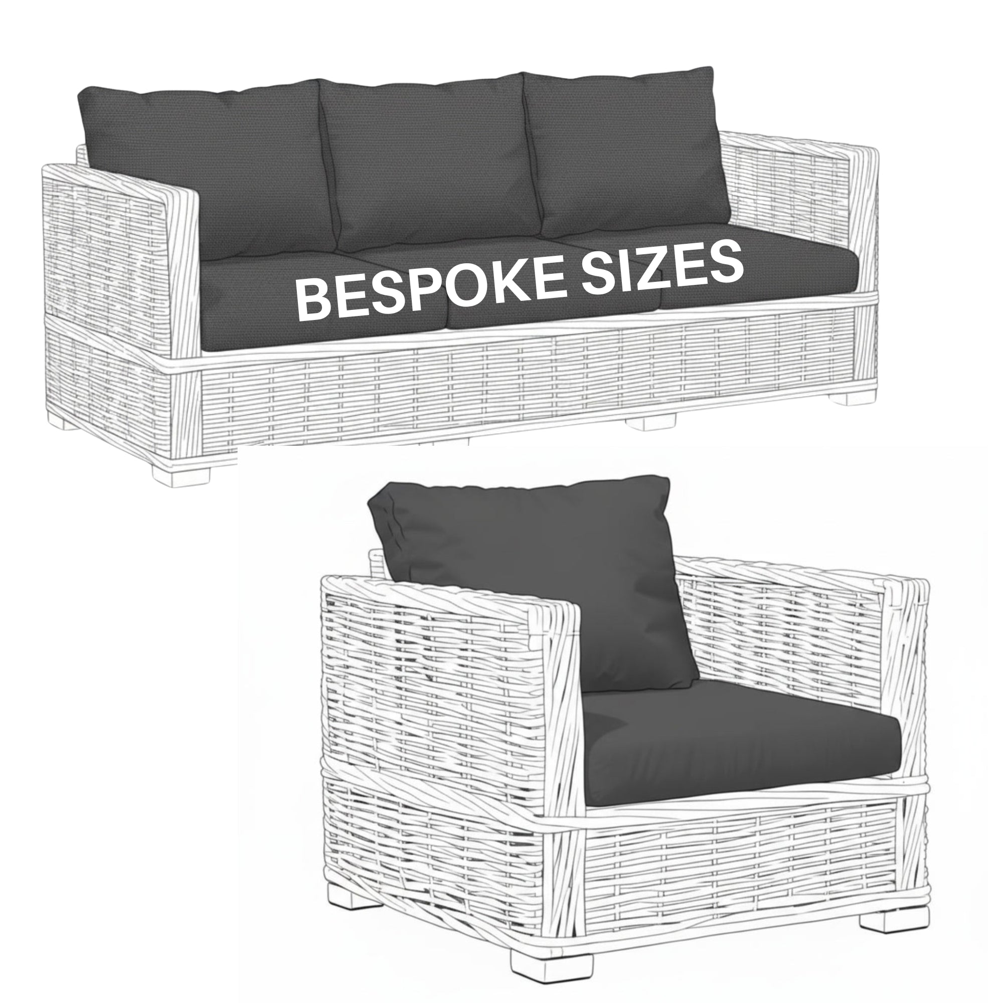 Custom Rattan Seats + Cushions, Outdoor Patio Furniture Soft Polyester Water & Fade Resistant