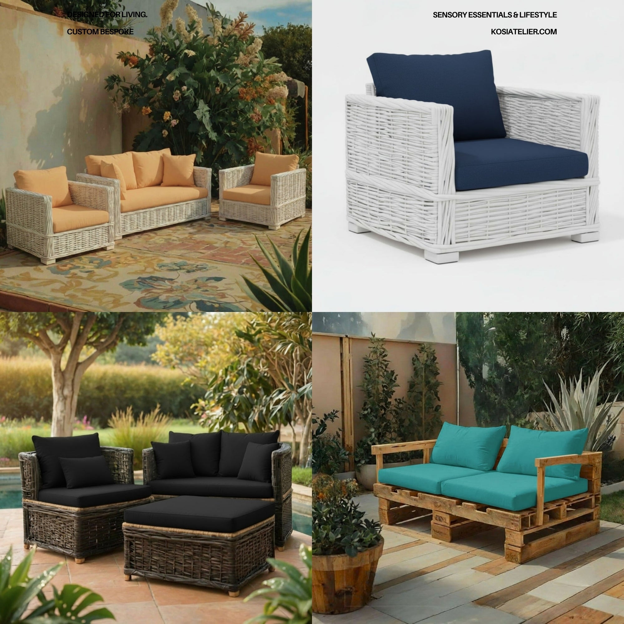 Custom Rattan Seats + Cushions, Outdoor Patio Furniture Soft Polyester Water & Fade Resistant